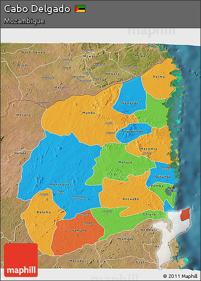 Political 3D Map of Cabo Delgado, satellite outside