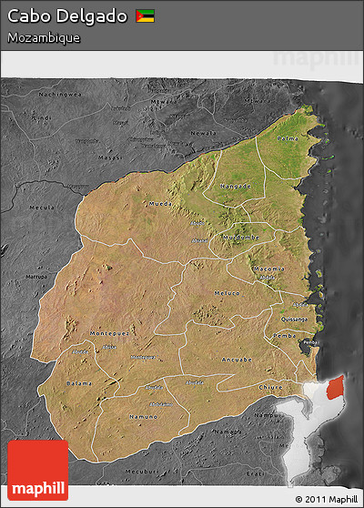 Satellite 3D Map of Cabo Delgado, darken, desaturated