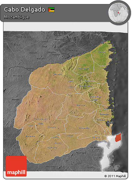 Satellite 3D Map of Cabo Delgado, darken, desaturated