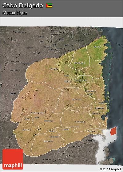 Satellite 3D Map of Cabo Delgado, darken, semi-desaturated