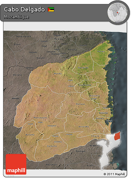 Satellite 3D Map of Cabo Delgado, darken, semi-desaturated