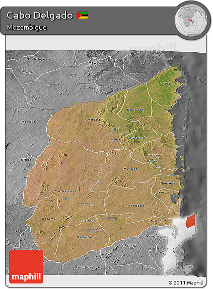 Satellite 3D Map of Cabo Delgado, desaturated