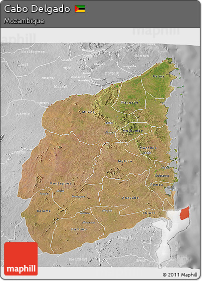 Satellite 3D Map of Cabo Delgado, lighten, desaturated