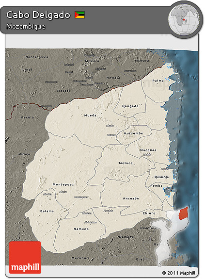 Shaded Relief 3D Map of Cabo Delgado, darken