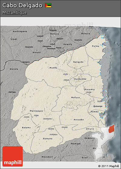 Shaded Relief 3D Map of Cabo Delgado, darken, semi-desaturated