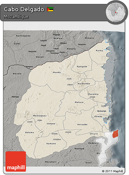 Shaded Relief 3D Map of Cabo Delgado, darken, semi-desaturated