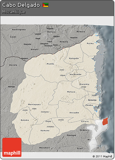 Shaded Relief 3D Map of Cabo Delgado, darken, semi-desaturated