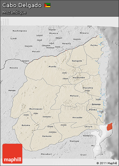 Shaded Relief 3D Map of Cabo Delgado, desaturated