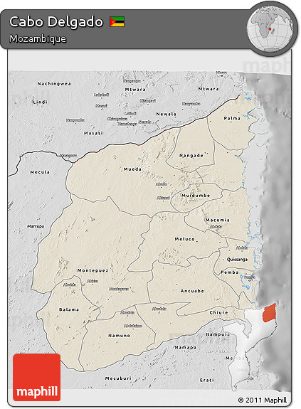 Shaded Relief 3D Map of Cabo Delgado, desaturated