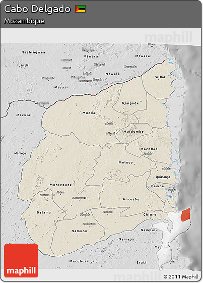 Shaded Relief 3D Map of Cabo Delgado, desaturated