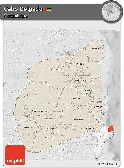 Shaded Relief 3D Map of Cabo Delgado, lighten, desaturated