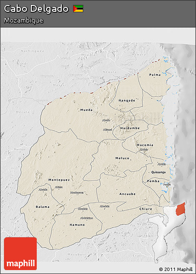 Shaded Relief 3D Map of Cabo Delgado, lighten, desaturated