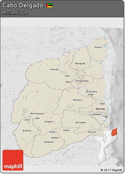 Shaded Relief 3D Map of Cabo Delgado, lighten, desaturated