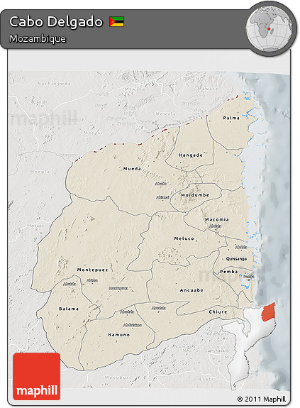 Shaded Relief 3D Map of Cabo Delgado, lighten, semi-desaturated