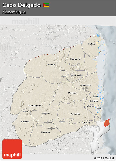 Shaded Relief 3D Map of Cabo Delgado, lighten, semi-desaturated