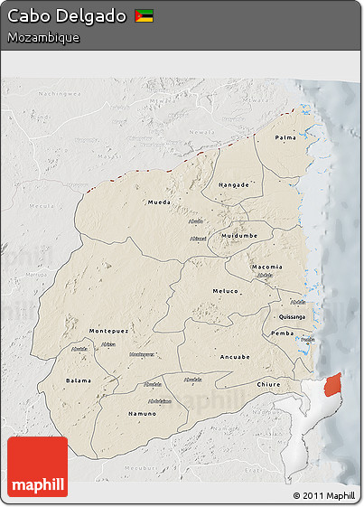 Shaded Relief 3D Map of Cabo Delgado, lighten, semi-desaturated