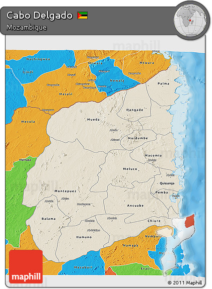 Shaded Relief 3D Map of Cabo Delgado, political outside