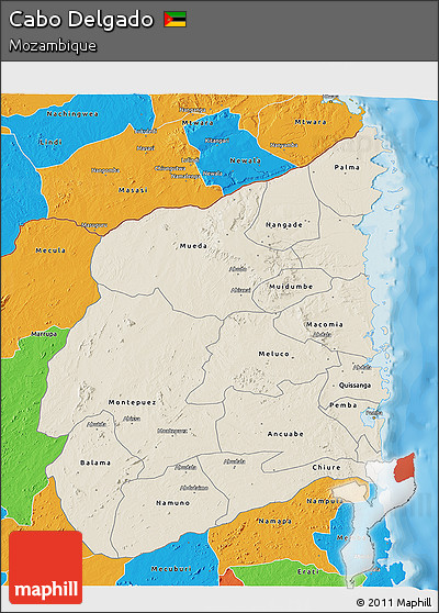 Shaded Relief 3D Map of Cabo Delgado, political outside