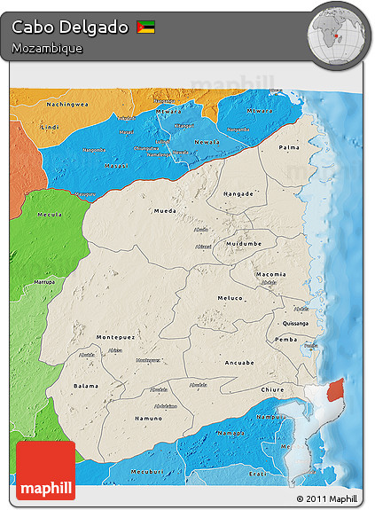 Shaded Relief 3D Map of Cabo Delgado, political shades outside