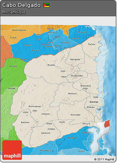 Shaded Relief 3D Map of Cabo Delgado, political shades outside