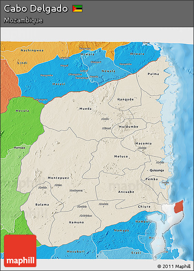 Shaded Relief 3D Map of Cabo Delgado, political shades outside