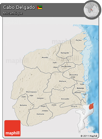 Shaded Relief 3D Map of Cabo Delgado, single color outside