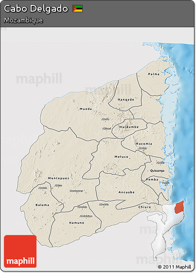 Shaded Relief 3D Map of Cabo Delgado, single color outside