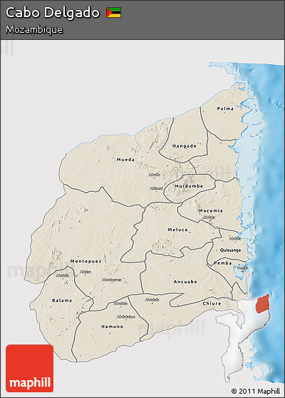 Shaded Relief 3D Map of Cabo Delgado, single color outside