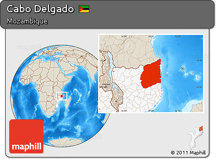 Shaded Relief Location Map of Cabo Delgado, highlighted country