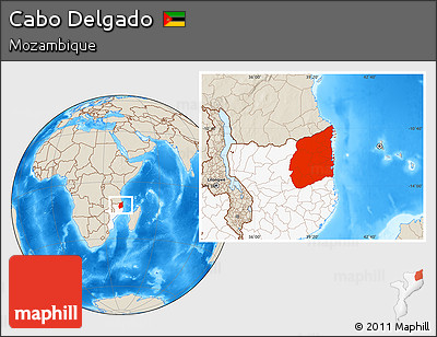 Shaded Relief Location Map of Cabo Delgado, highlighted country