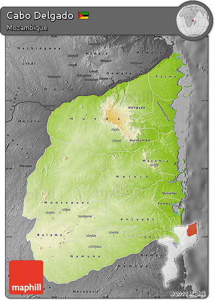 Physical Map of Cabo Delgado, darken, desaturated