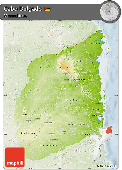 Physical Map of Cabo Delgado, lighten
