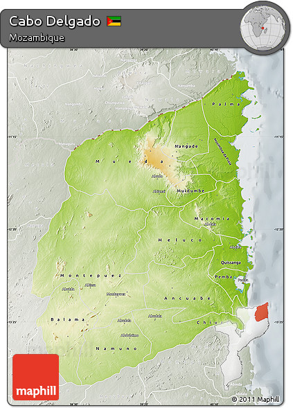 Physical Map of Cabo Delgado, lighten, semi-desaturated