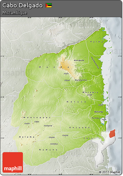 Physical Map of Cabo Delgado, lighten, semi-desaturated