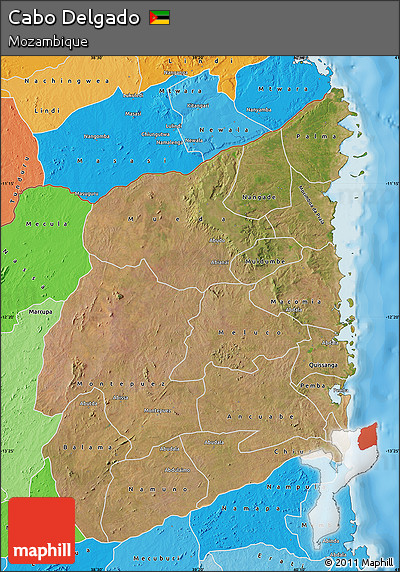 Satellite Map of Cabo Delgado, political shades outside