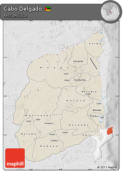 Shaded Relief Map of Cabo Delgado, lighten, desaturated