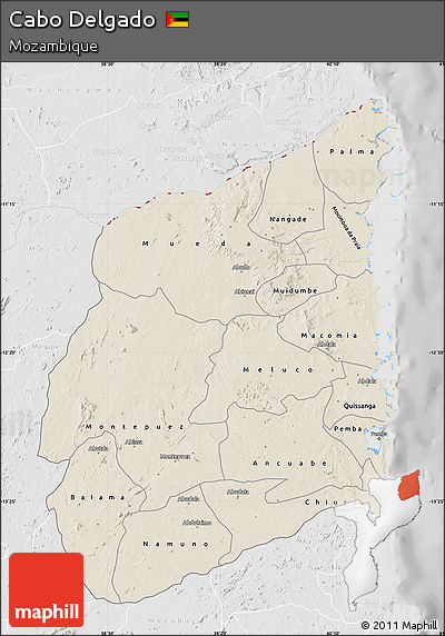 Shaded Relief Map of Cabo Delgado, lighten, desaturated