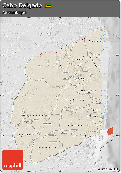Shaded Relief Map of Cabo Delgado, lighten, desaturated