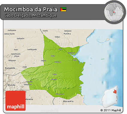 Physical 3D Map of Mocimboa Da Praia, shaded relief outside