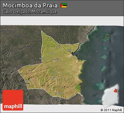 Satellite 3D Map of Mocimboa Da Praia, darken, semi-desaturated