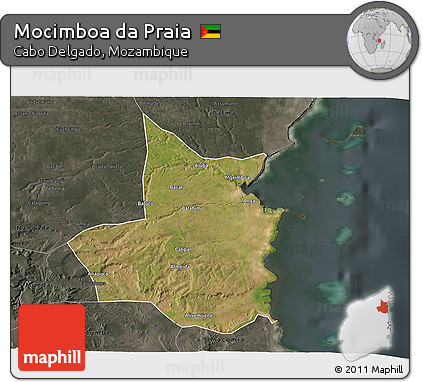 Satellite 3D Map of Mocimboa Da Praia, darken, semi-desaturated