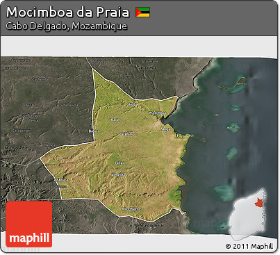 Satellite 3D Map of Mocimboa Da Praia, darken, semi-desaturated