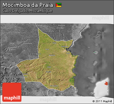 Satellite 3D Map of Mocimboa Da Praia, desaturated