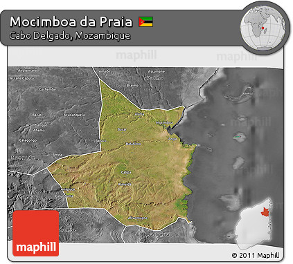 Satellite 3D Map of Mocimboa Da Praia, desaturated