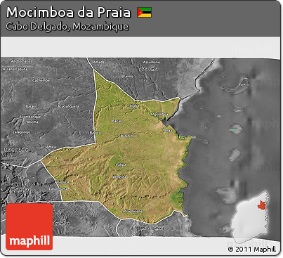 Satellite 3D Map of Mocimboa Da Praia, desaturated