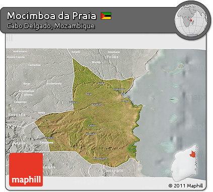 Satellite 3D Map of Mocimboa Da Praia, lighten, semi-desaturated
