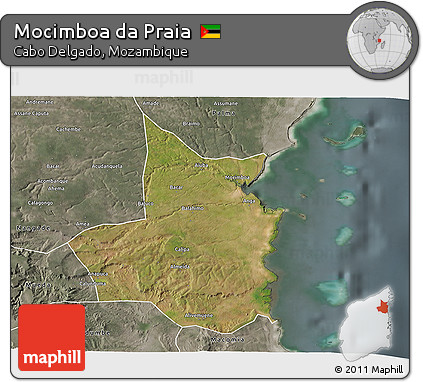 Satellite 3D Map of Mocimboa Da Praia, semi-desaturated