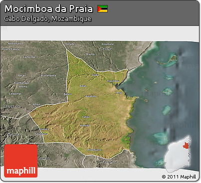 Satellite 3D Map of Mocimboa Da Praia, semi-desaturated