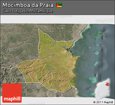 Satellite 3D Map of Mocimboa Da Praia, semi-desaturated
