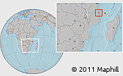 Gray Location Map of Mocimboa da Praia, within the entire country, hill shading